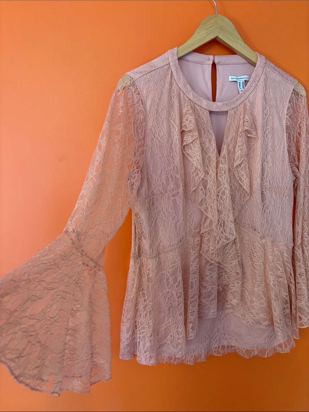 Isaac Mizrahi Live  Dusty Pink Lace Ruffle Blouse Woman’s Size 10 Poets Sleeve - Picture 3 of 17